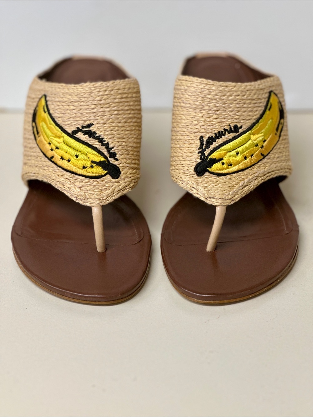FARM Rio Beige Straw Thong Sandals with Yellow Banana Patch
